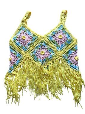 Wowo Women's Crochet Tank Top L Yellow Fringe Festival Y2K Boho Granny Vintage
